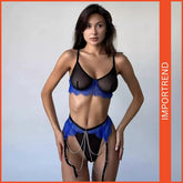 Mesh Blue Lace Chain Steel Ring Sexy Lingerie
